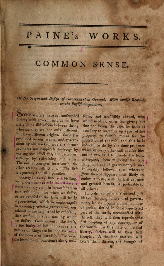 Paine, Thomas: The works of Thomas Paine, London 1796, S. 1
© Bayerische Staatsbibliothek, München, Pol.g. 718 t,
urn:nbn:de:bvb:12-bsb10770180-4